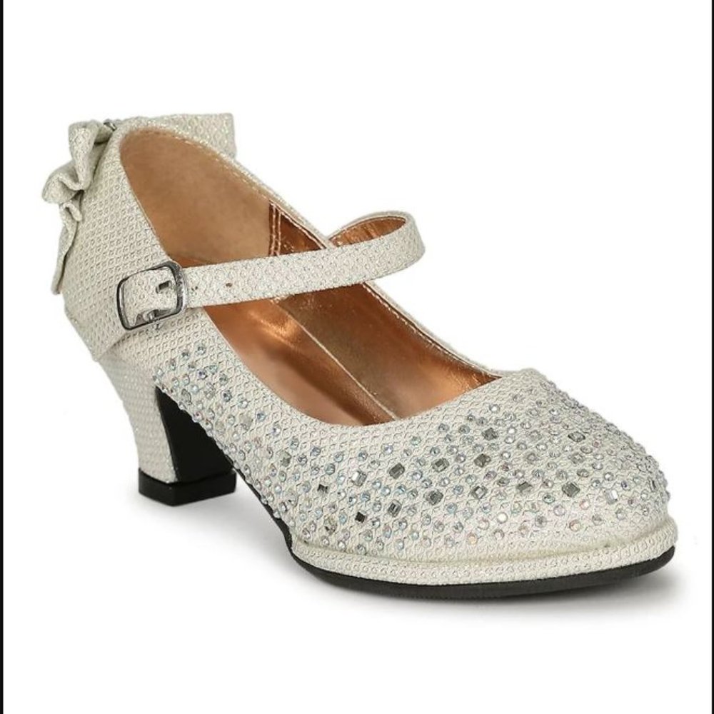 Toddler/Little/Big Girl Glitter Rhinestone Bow Mary Jane Kitten Heel Pump -White